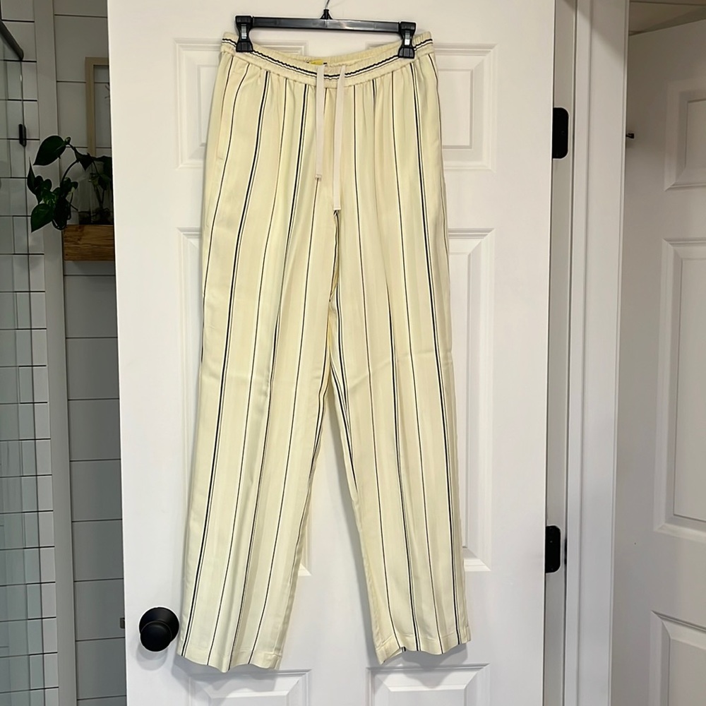 J crew, soft yellow striped draw string dress pants.